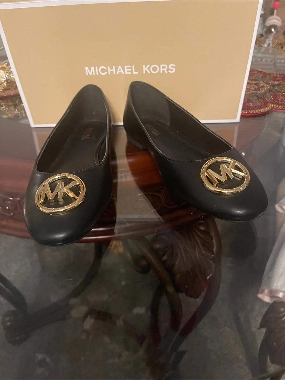 Michael Kors Black Leather Logo Ballet Flats with Gold MK Emblem